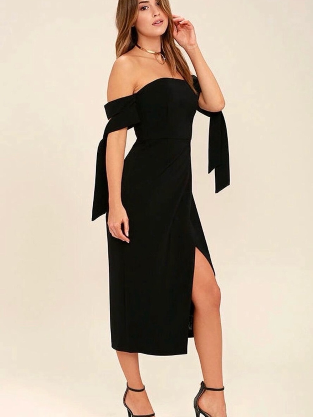 C/MEO Collective Black Off-Shoulder Strapless Midi Dress with Side Slit
